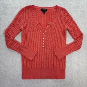 Eddie Bauer Coral Cotton Blend Preppy Soft Girl Cable-Knit Henley Sweater Size L